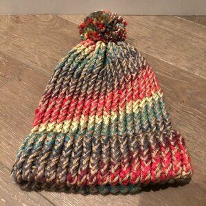 Hand Crafted Multi-Colored Knit Toque with Pom-Pom Pink/Green/Tan/Purple/Grey OS